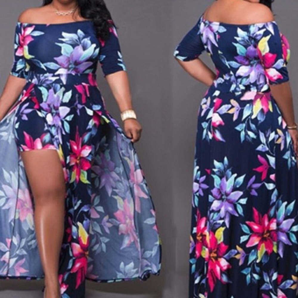Floral off the shoulder romper with skirt.